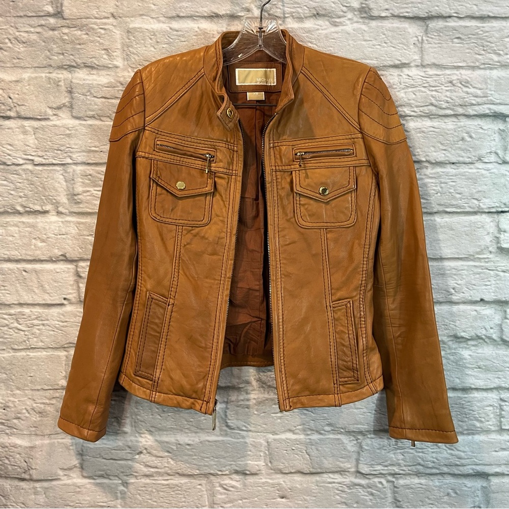 MICHAEL Michael Kors XS Brown Leather Short Moto Jacket -AS IS- - Picture 3 of 16